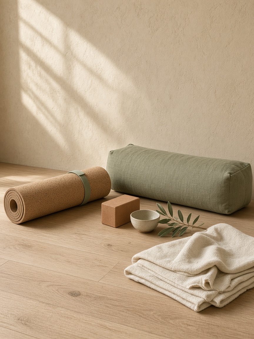 Praticante de yoga numa sala luminosa com luz natural